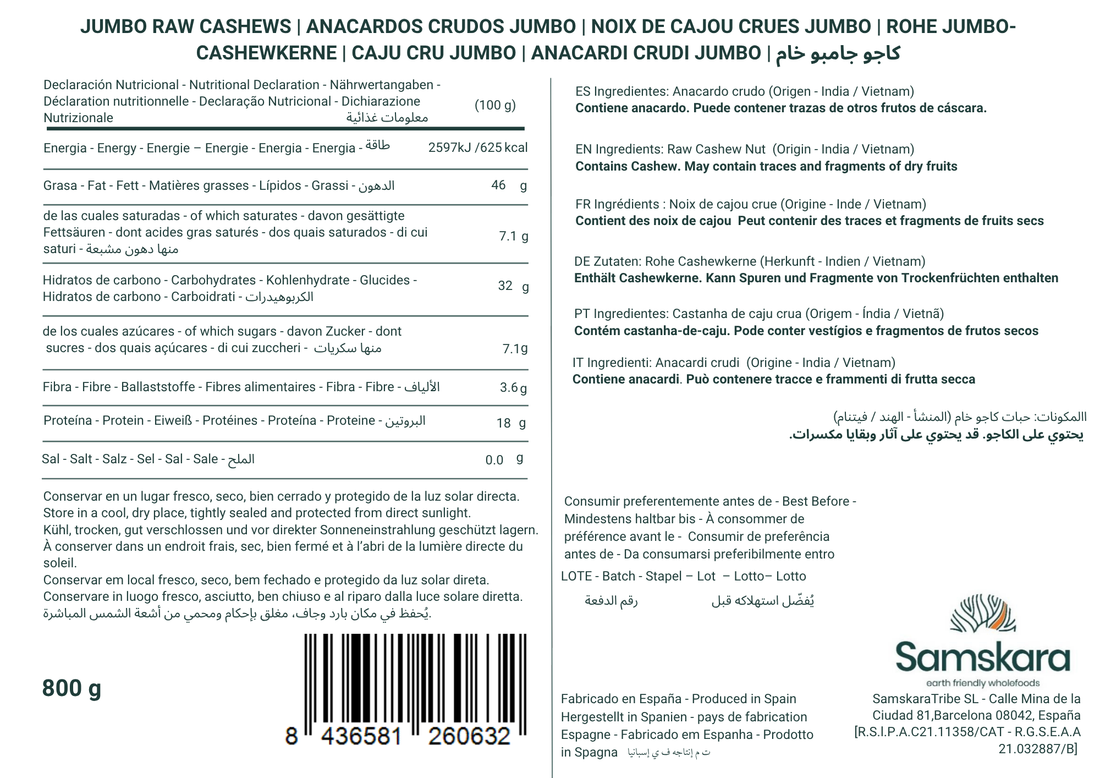 Anacardos Crudos Jumbo Premium - Envasados al Vacío - 800 g