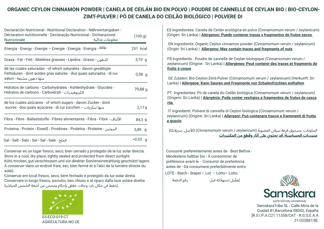 Canela de Ceilán en Polvo BIO | Aromatiza Cafés y Postres con Sabor Delicado | Micronizada Extra Fina | Samskara