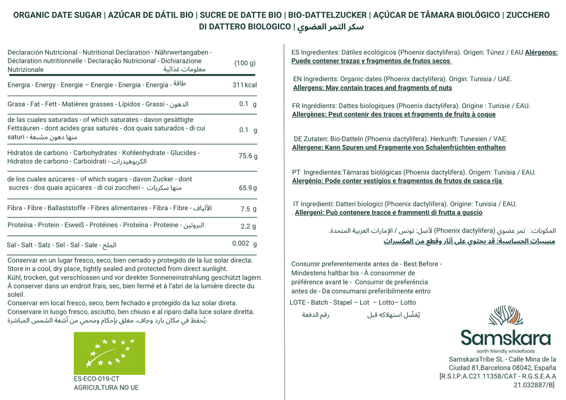 Azúcar de Dátil BIO – 500 g | Sustituye el Azúcar Refinado en tu Repostería | 100 % Dátiles Molidos | Samskara