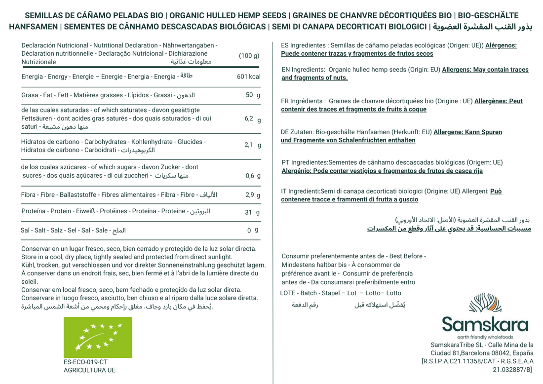 Semillas de Cáñamo Peladas BIO | Espolvorea Omega-3 y 6 en Cada Plato | Origen UE, Crudas y sin THC | Samskara