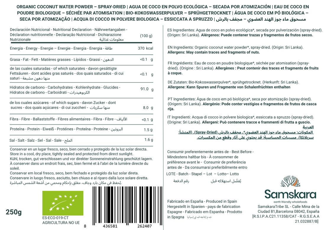 Samskara Agua de Coco en Polvo Ecológica | 250g | Secada por Atomización, 100% Pura, Polvo de Agua de Coco Ecológica de Sri Lanka, de Origen Vegetal y Vegana, para Smoothies, Bebidas y Recetas