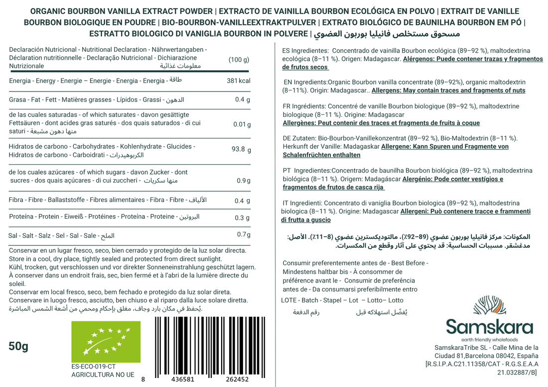Samskara Vainilla Bourbon Ecológica en Polvo | 50g | Extracto de Vainilla de Madagascar | Vanilla Planifolia | Para Repostería, Postres, Café y Bebidas