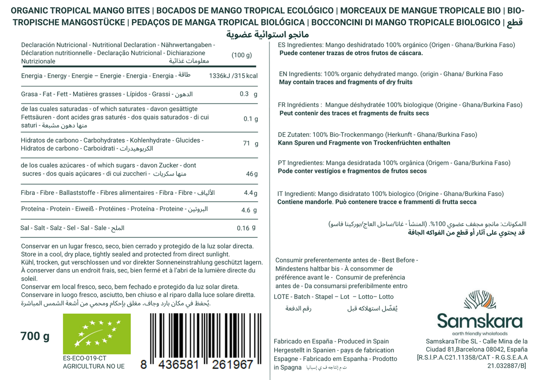 Bocados de Mango Tropical Ecológico BIO - Envasados al Vacío - 700g