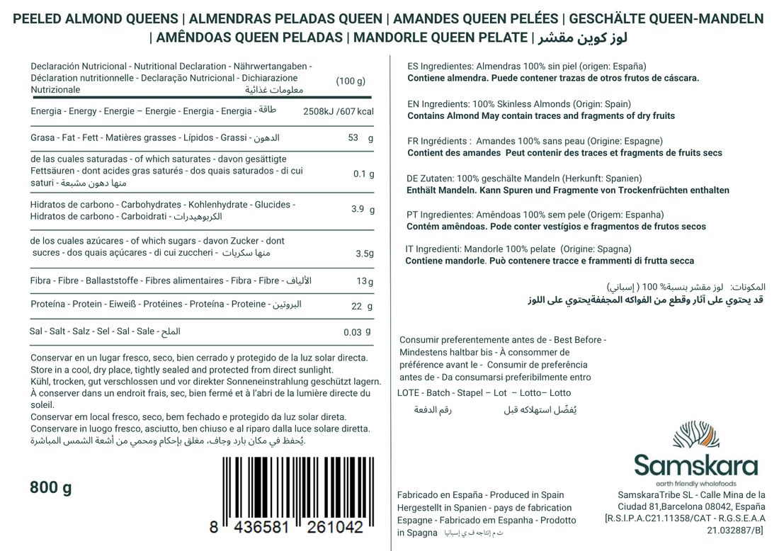 Almendras Peladas Queen Marcona BIO - Envasadas al Vacío - 800 g