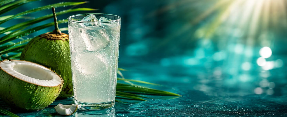 Vaso de agua de coco fresca con lima e hielo preparada con agua de coco en polvo