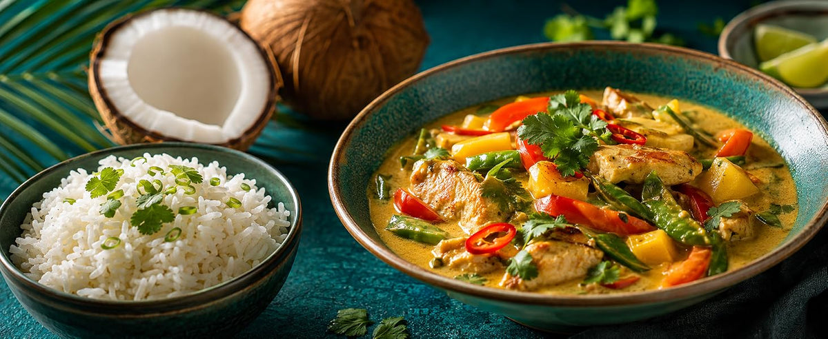 Curry y arroz tropical cocinados con agua de coco en polvo