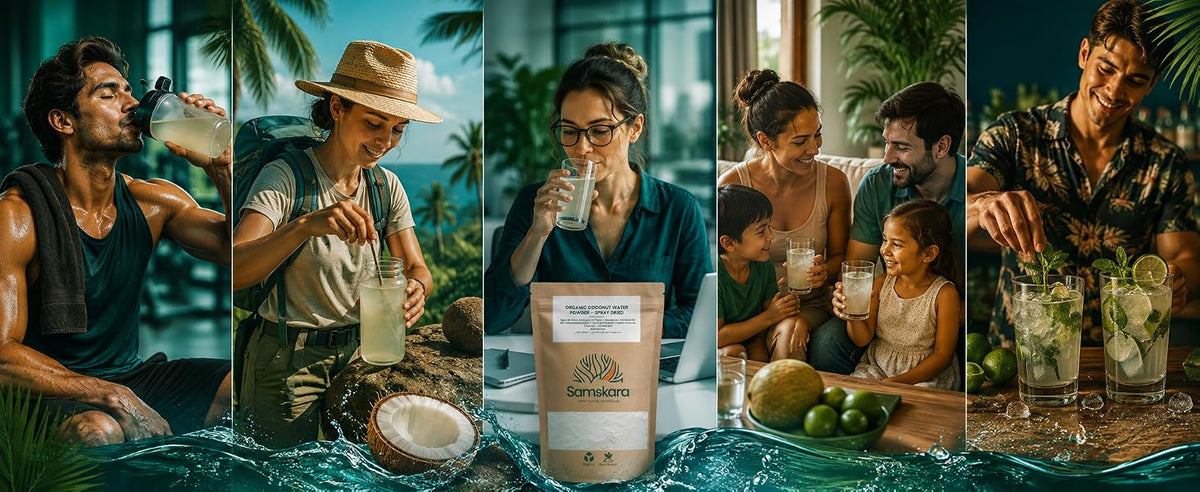 Un sobre de agua de coco en polvo para el gym, el viaje, la oficina y la cocina