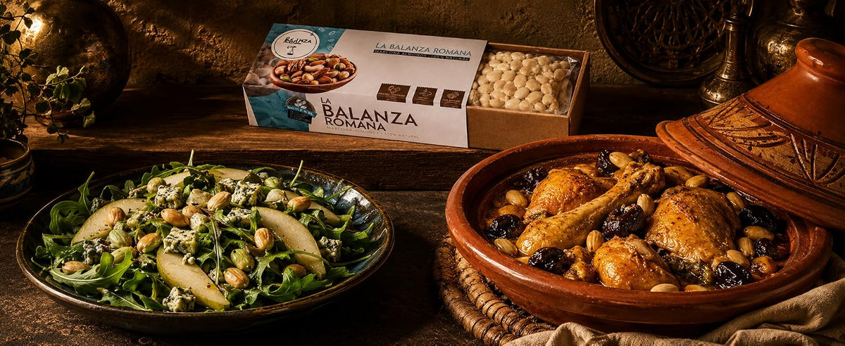 Platos salados con almendra Marcona: ensalada con roquefort y pera, tajine y romesco