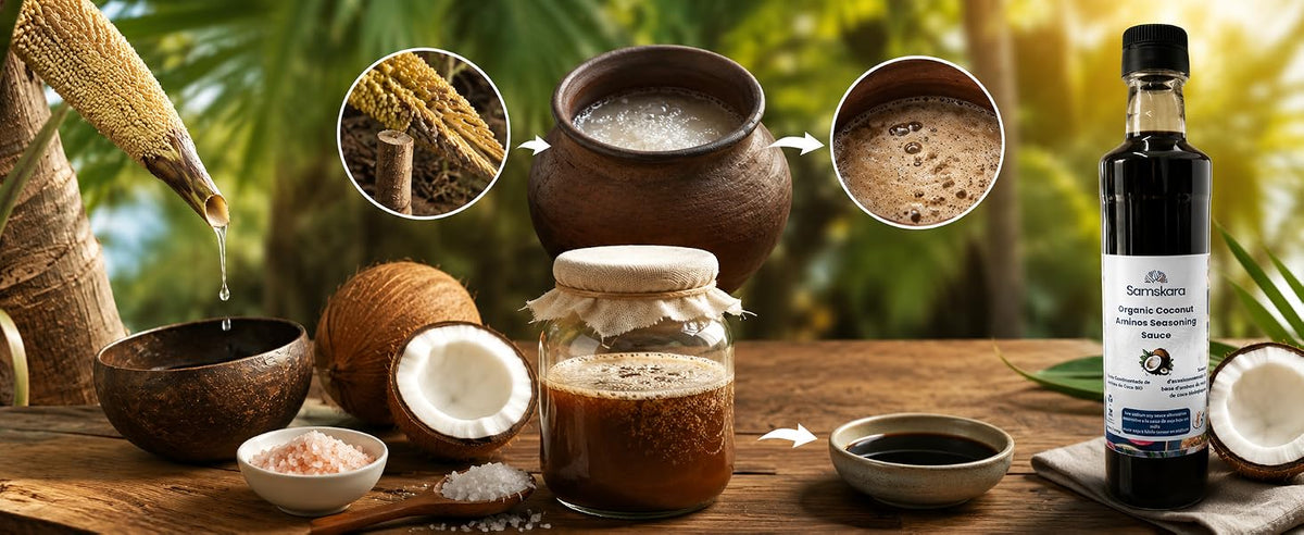 Salsa de aminos de coco elaborada con savia de coco fermentada y sal marina
