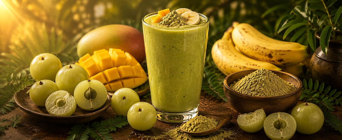 Receta de batido verde con amla en polvo, mango y plátano