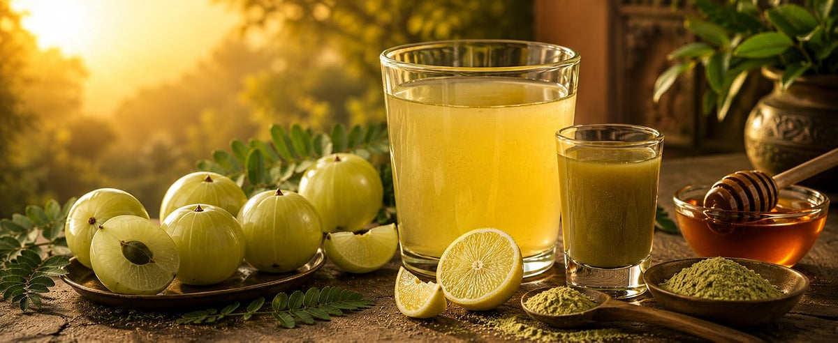 Receta de shot de amla en polvo con agua tibia, miel y limón, ritual ayurvédico de la mañana