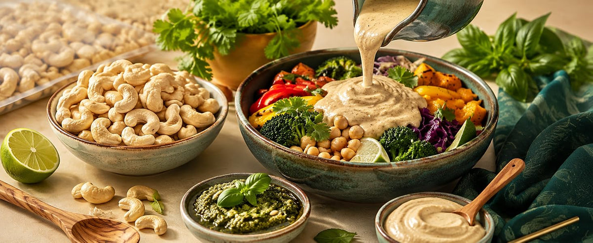 Salsas cremosas de anacardo: curry, pesto y satay para cocina mediterránea y asiática