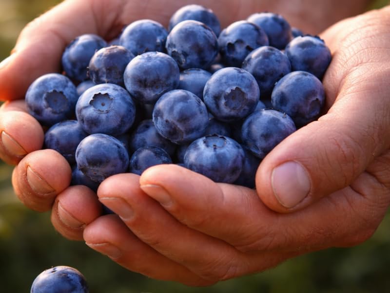 Manos con arándanos azul oscuro cosechados en plena madurez