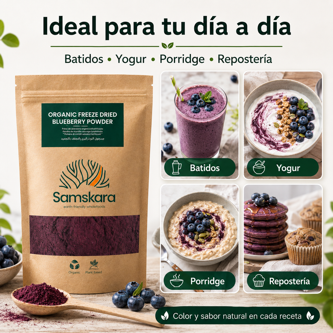 Arándano Nórdico en Polvo BIO – 150 g | Da Color y Sabor Real a tus Batidos | 100 % Arándanos Liofilizados | Samskara