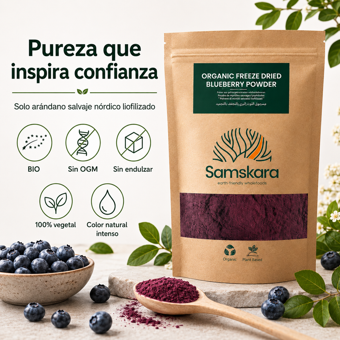 Arándano Nórdico en Polvo BIO – 150 g | Da Color y Sabor Real a tus Batidos | 100 % Arándanos Liofilizados | Samskara