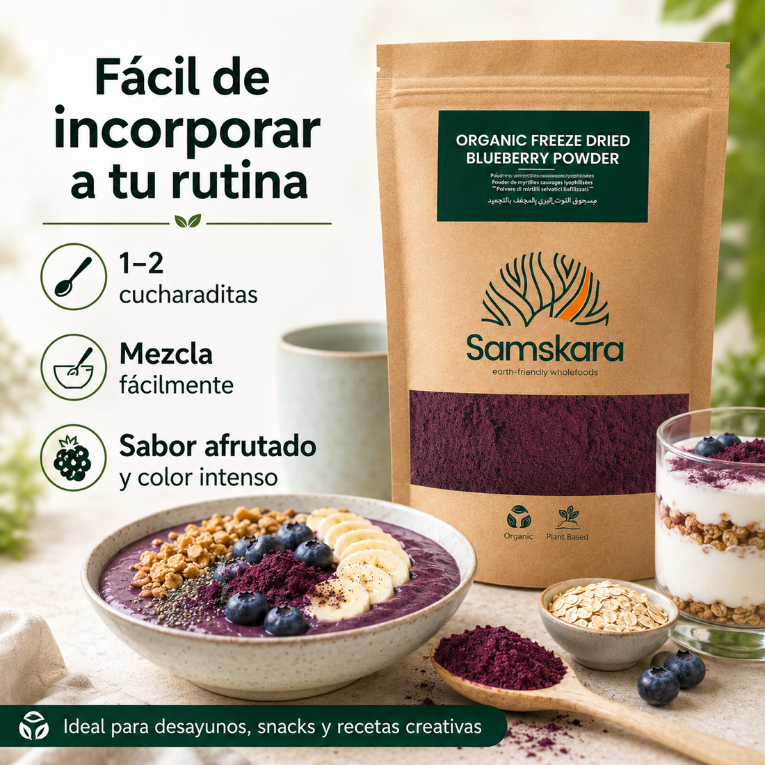 Arándano Nórdico en Polvo BIO – 150 g | Da Color y Sabor Real a tus Batidos | 100 % Arándanos Liofilizados | Samskara