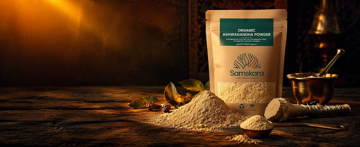 Ashwagandha BIO en polvo Samskara Tribe, 100 % raíz de Withania somnifera en bolsa kraft ecológica