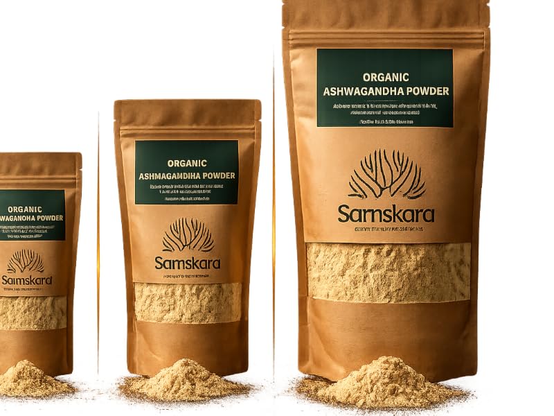 Bolsas kraft de ashwagandha BIO en polvo Samskara en formatos de 250 g, 500 g y 1 kg