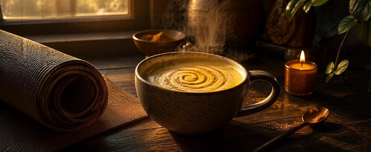 Taza humeante de leche con ashwagandha y ghee junto a esterilla de yoga y vela encendida