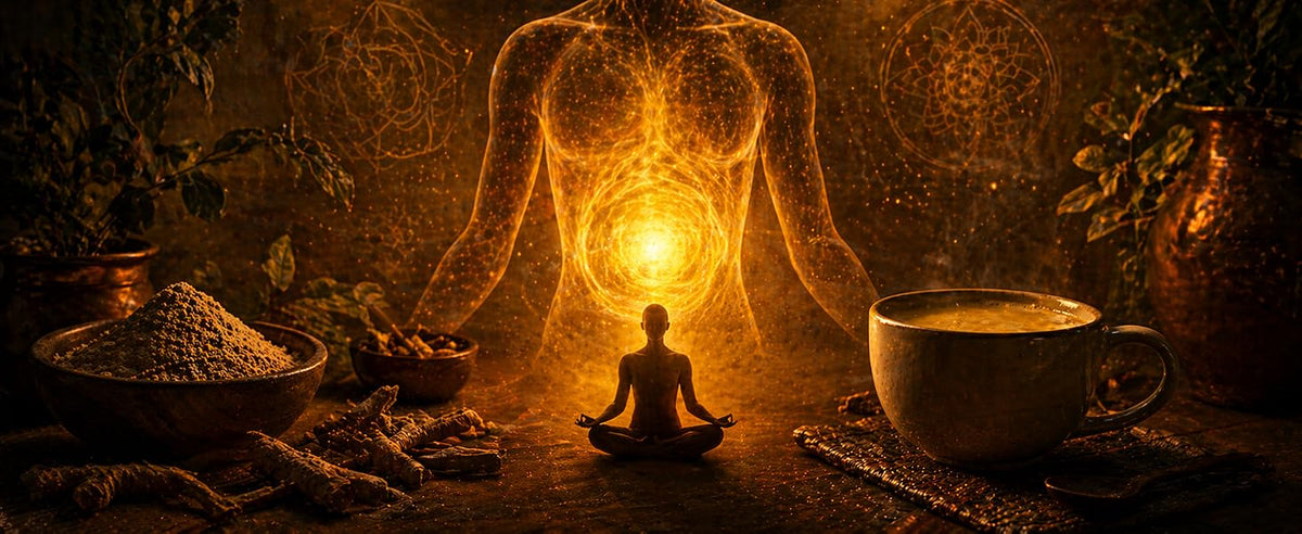 Taza de infusión dorada con ashwagandha en polvo y raíces junto a persona meditando con luz cálida