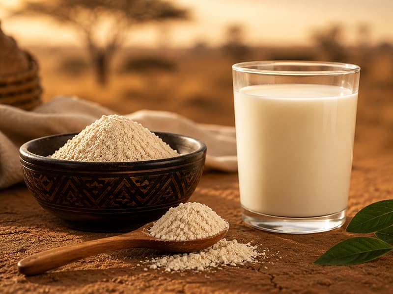 Baobab en polvo con vaso de leche, calcio y potasio de la fruta de baobab