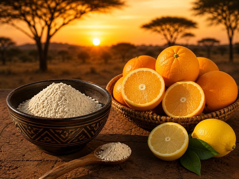 Baobab en polvo junto a naranjas y limones, fuente natural de vitamina C