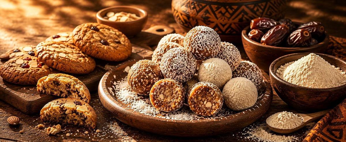 Cookies, brownies y bolas de energía con baobab en polvo y cacao