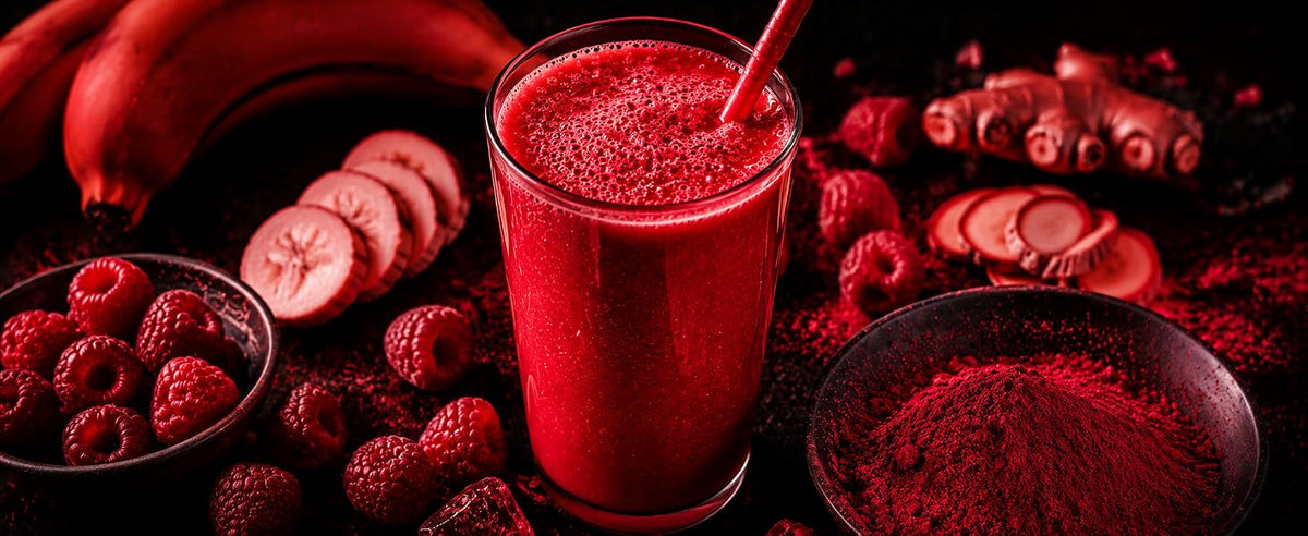 Batido Red Power con remolacha en polvo, frambuesas, plátano y leche de avena