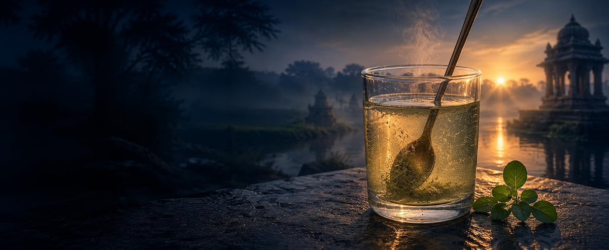 Vaso de agua tibia con brahmi en polvo en un ritual matutino al amanecer