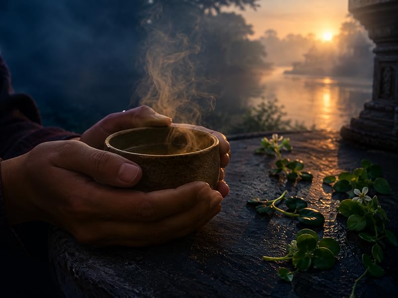 Manos sosteniendo una taza humeante de brahmi con hojas de bacopa