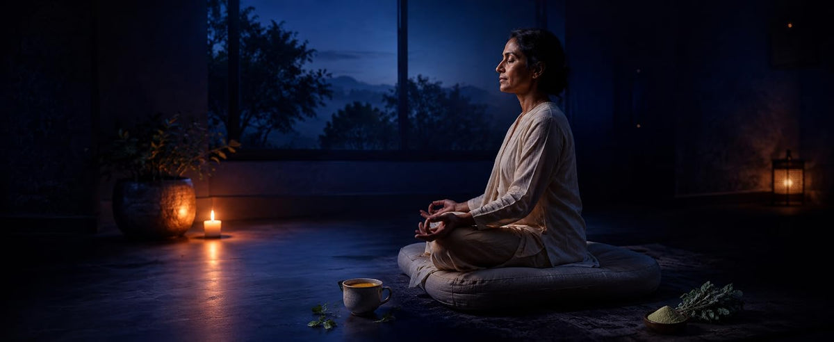 Persona sentada en meditación con una bebida de brahmi, hierba sáttvica del ayurveda