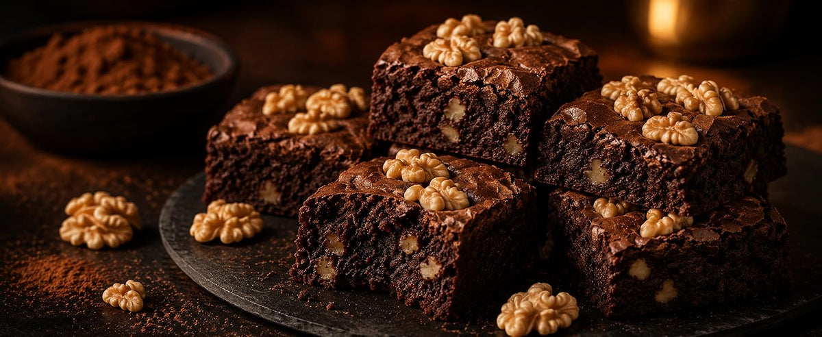 Brownies de chocolate negro con nueces troceadas y cacao en polvo sobre plato de pizarra