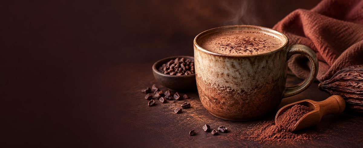 Taza de cacao crudo caliente con una cucharada de cacao ecológico en polvo