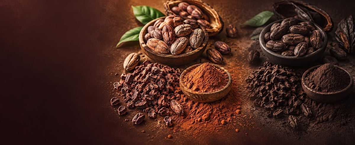 Granos, nibs y polvo de cacao crudo ecológico sin alcalinizar