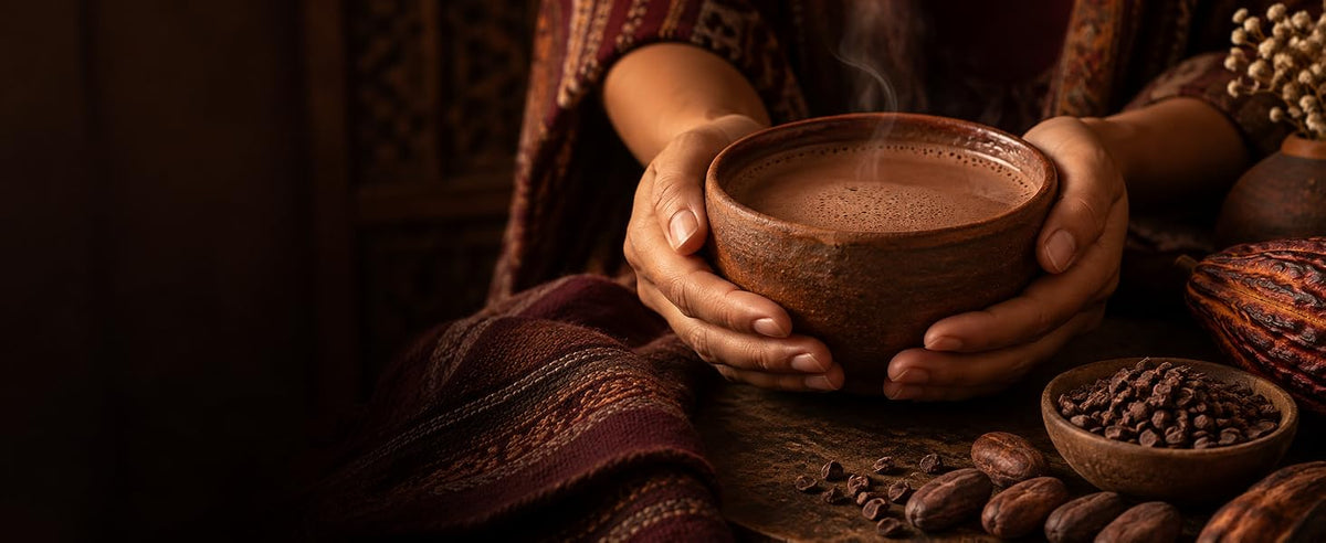 Manos sosteniendo un cuenco de barro con cacao crudo caliente en un ritual de cacao