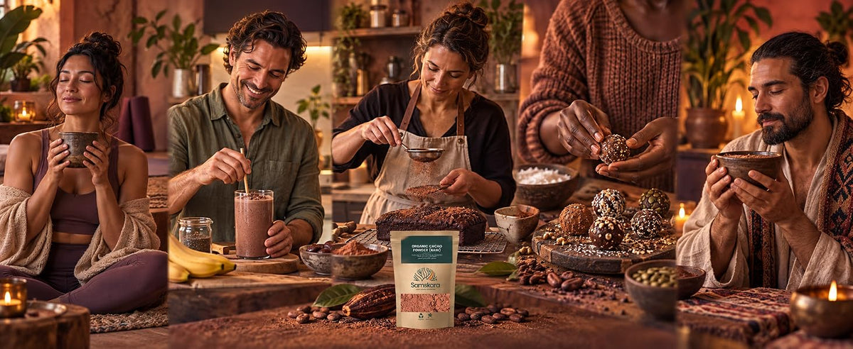 Personas preparando cacao crudo, smoothies y postres en un ambiente de ritual