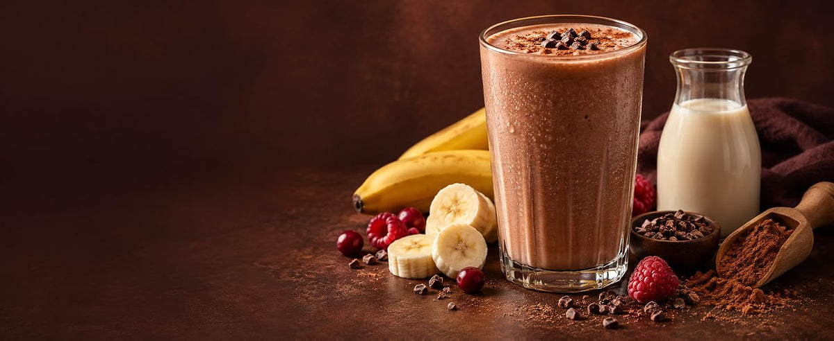Smoothie de cacao crudo con plátano, frambuesas y bebida vegetal