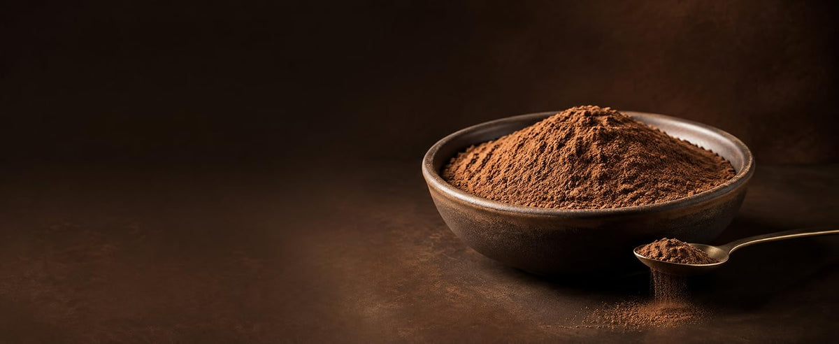 Cuenco con cacao desgrasado ecológico en polvo y cuchara