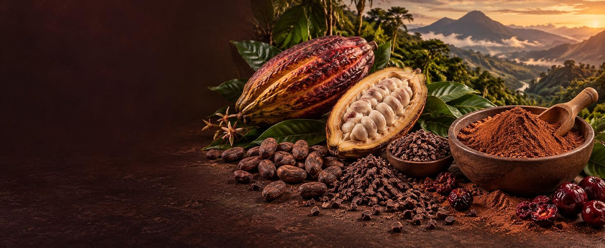 Vainas de cacao de Perú abiertas junto a un cuenco de cacao crudo en polvo y frutos rojos