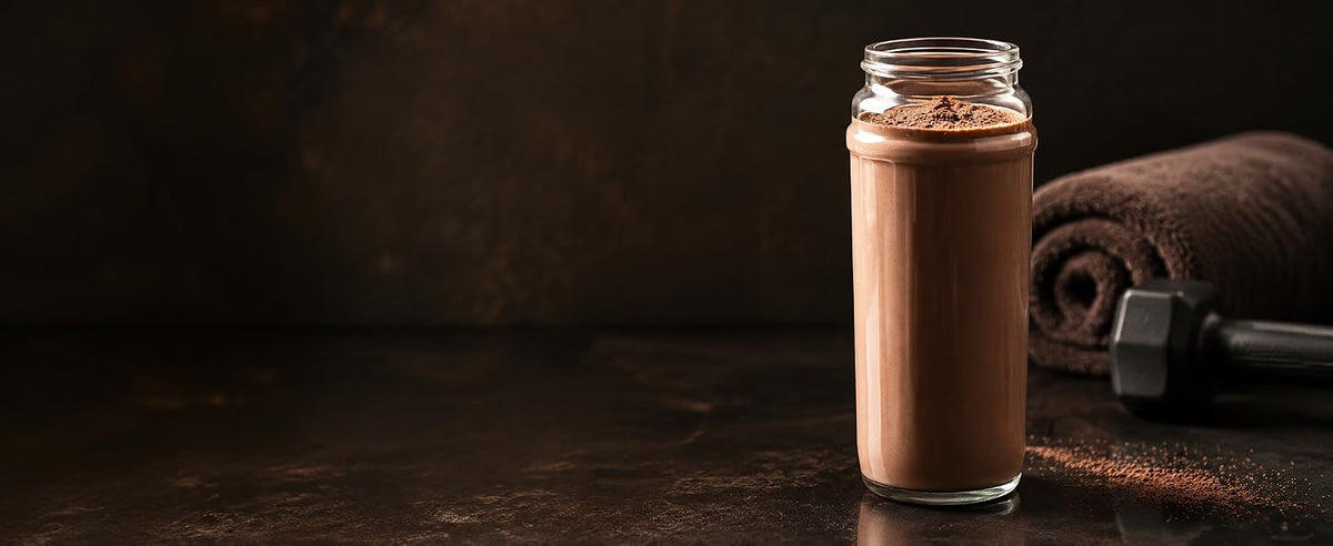 Batido de proteína con cacao desgrasado en polvo en un bote junto a una pesa