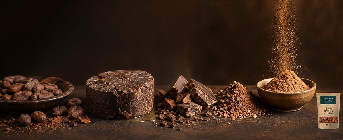 Cacao ecológico prensado: trozos de cacao y polvo de cacao desgrasado Samskara