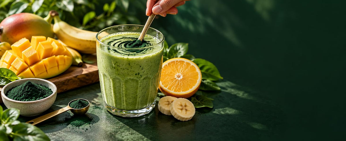 Batido verde de chlorella con rodajas de naranja fresca, cómo equilibrar su sabor intenso