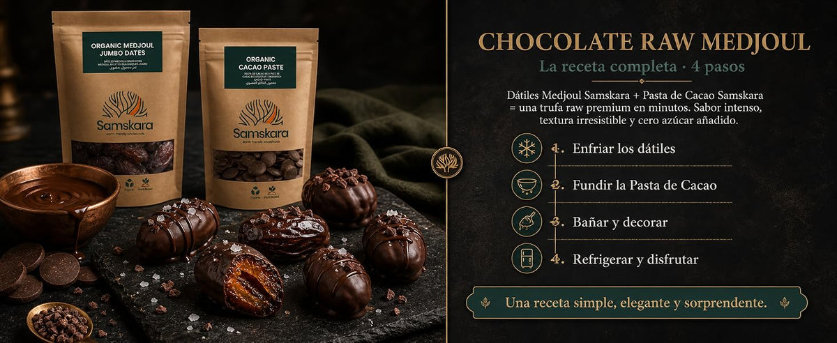 Receta de chocolate raw con dátiles Medjoul y pasta de cacao Samskara en 4 pasos