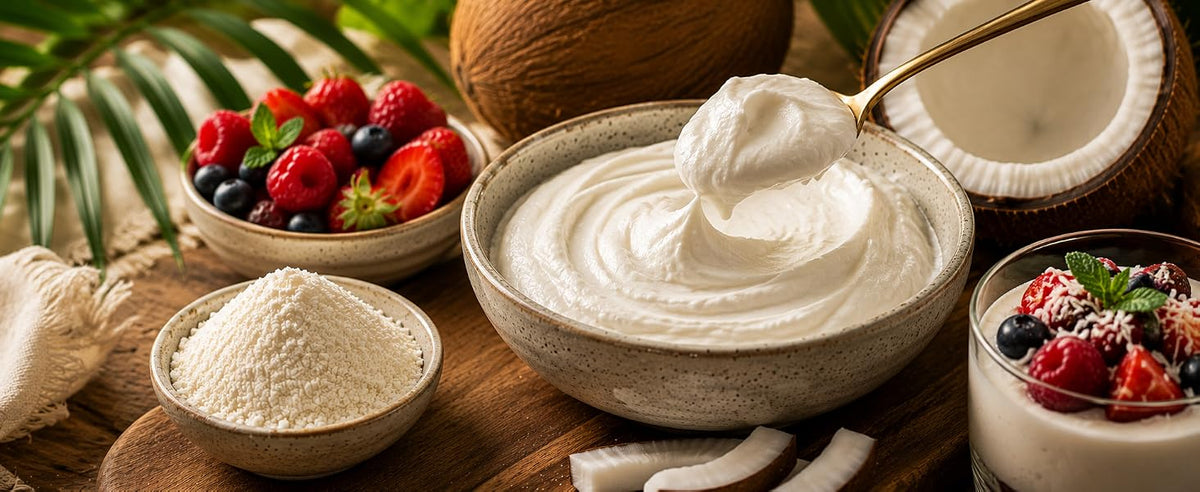 Crema de coco espesa y nata vegetal hecha con leche de coco en polvo