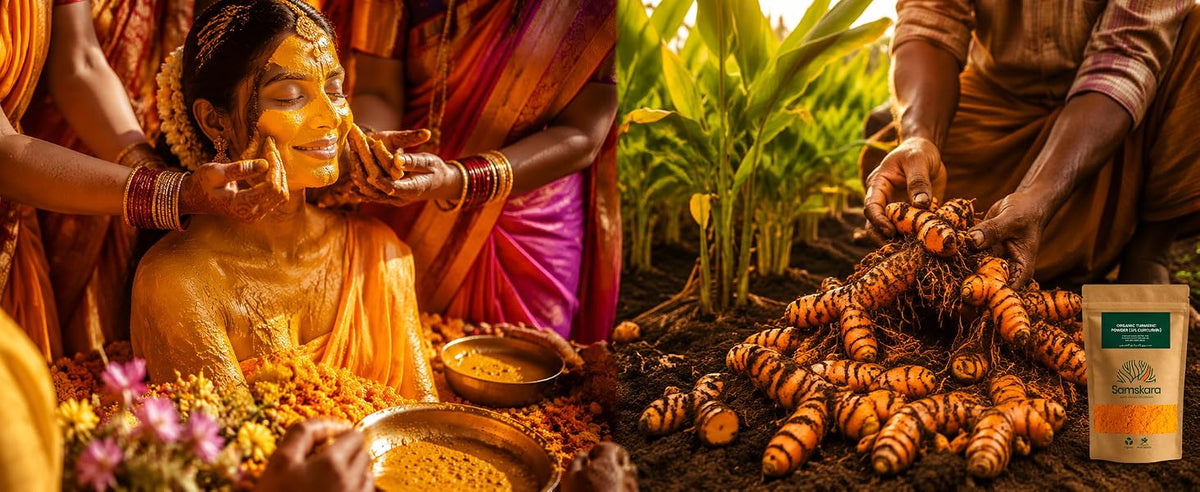 Cúrcuma Alleppey de Kerala, India, y ceremonia haldi tradicional con pasta de cúrcuma