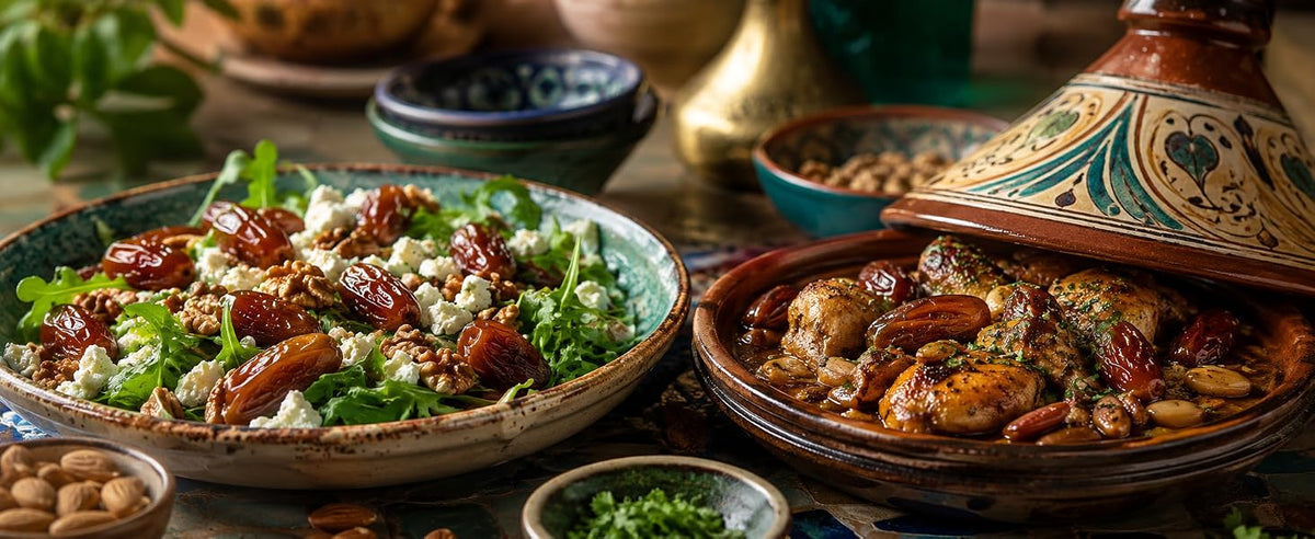 Ensaladas y platos agridulces con dátiles Deglet Nour, rúcula, queso feta y nueces