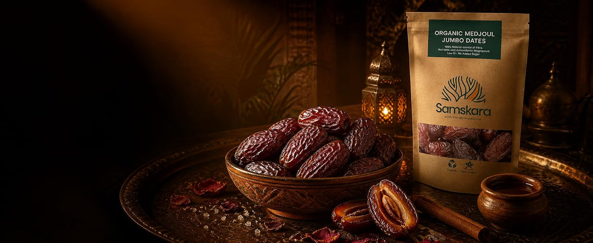 Dátiles Medjoul Jumbo ecológicos BIO Samskara en bolsa kraft, caramelo de la naturaleza sin azúcar añadido