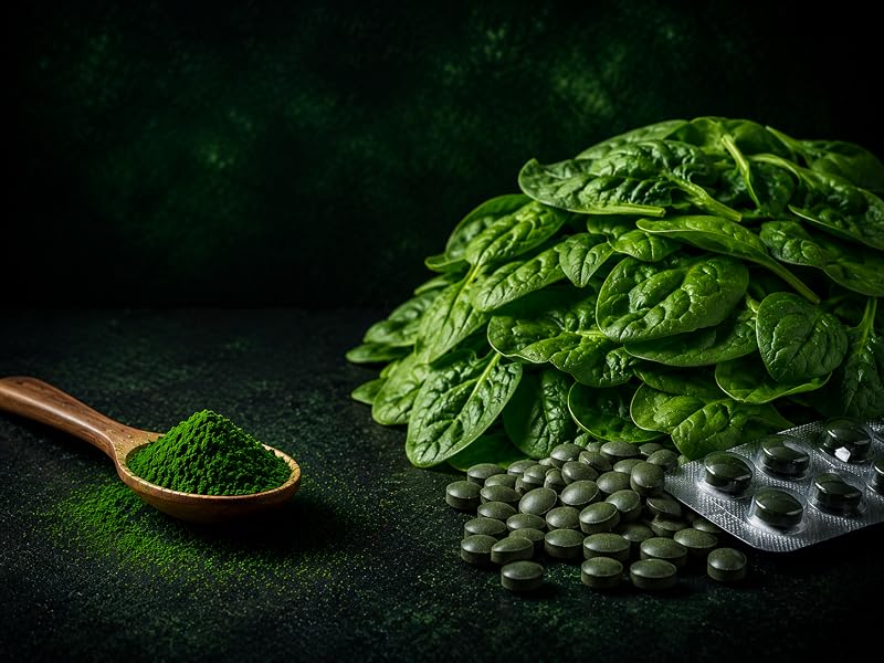 Hojas de espinaca frescas, referencia vegetal de hierro, junto a la espirulina en polvo