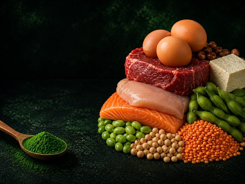 Fuentes de proteína como huevos, carne, pescado, tofu y legumbres junto a una cuchara de espirulina en polvo
