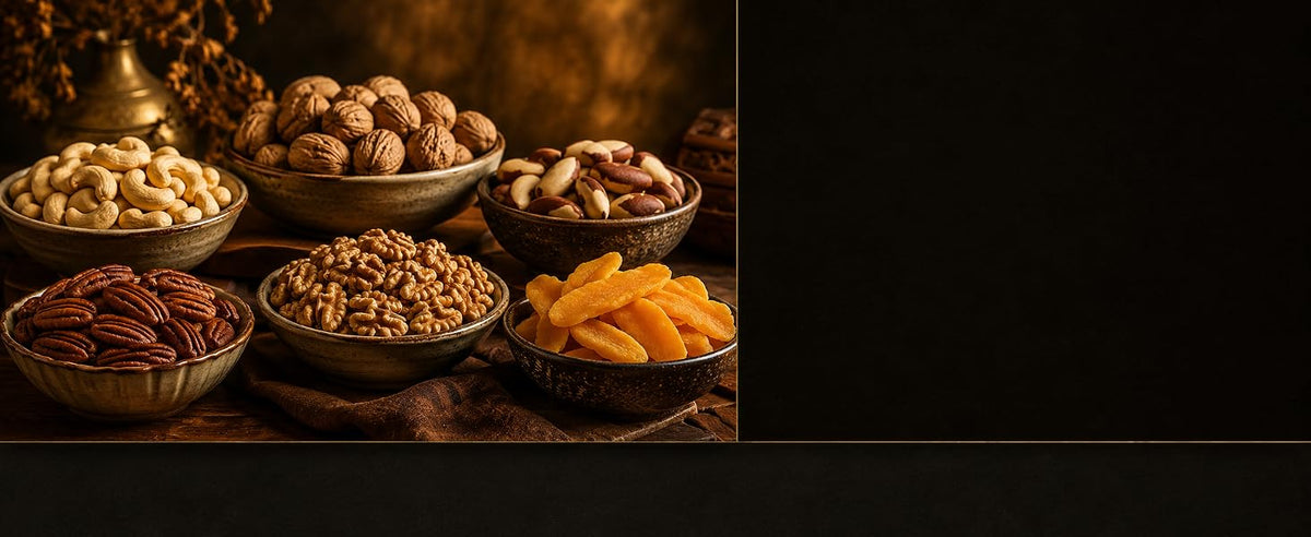 Frutos secos premium de calibre top seleccionados por Samskara en cuencos de madera